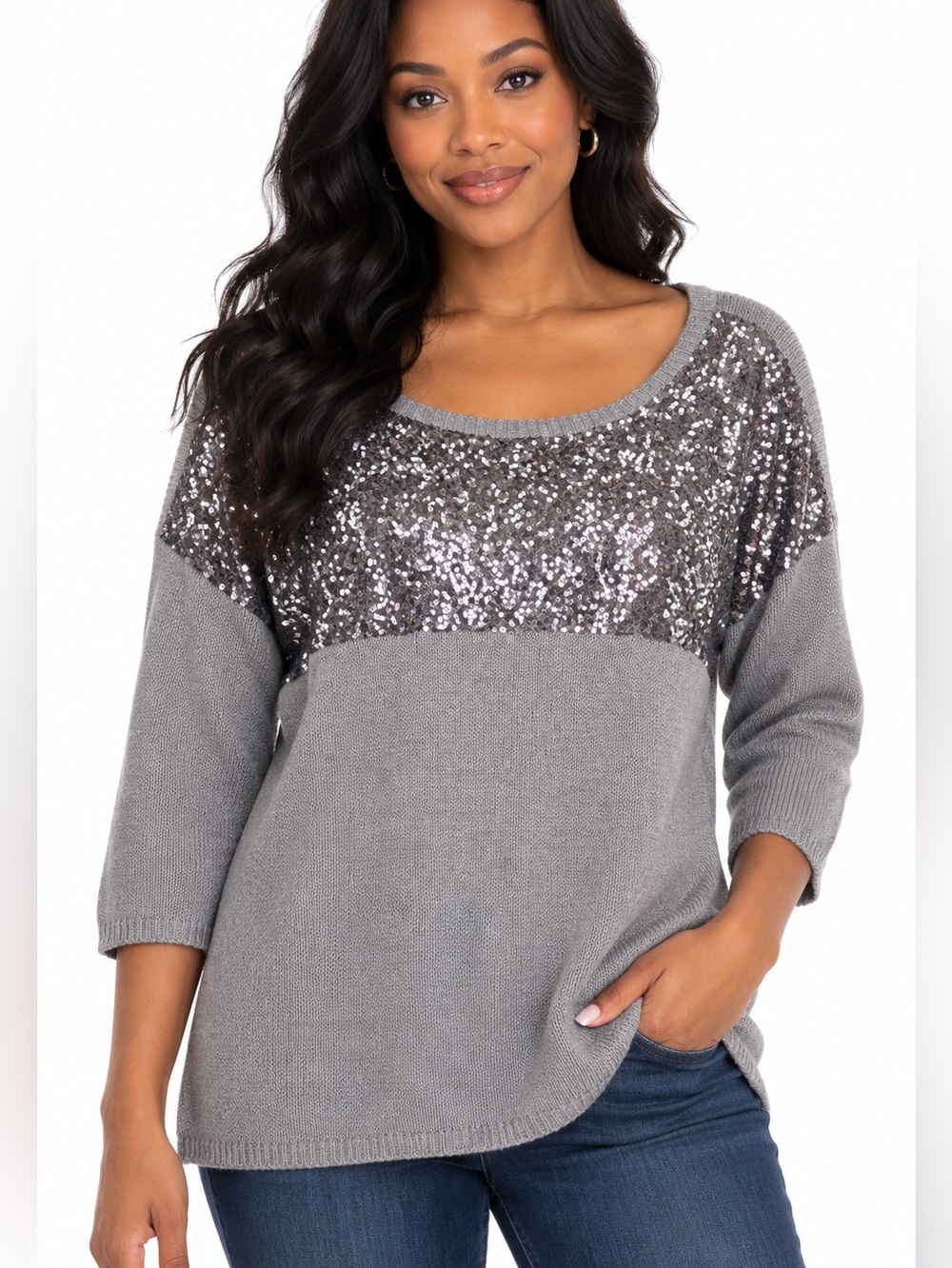 Apt 9 Gray Silver Sequin Yoke Sweater XL